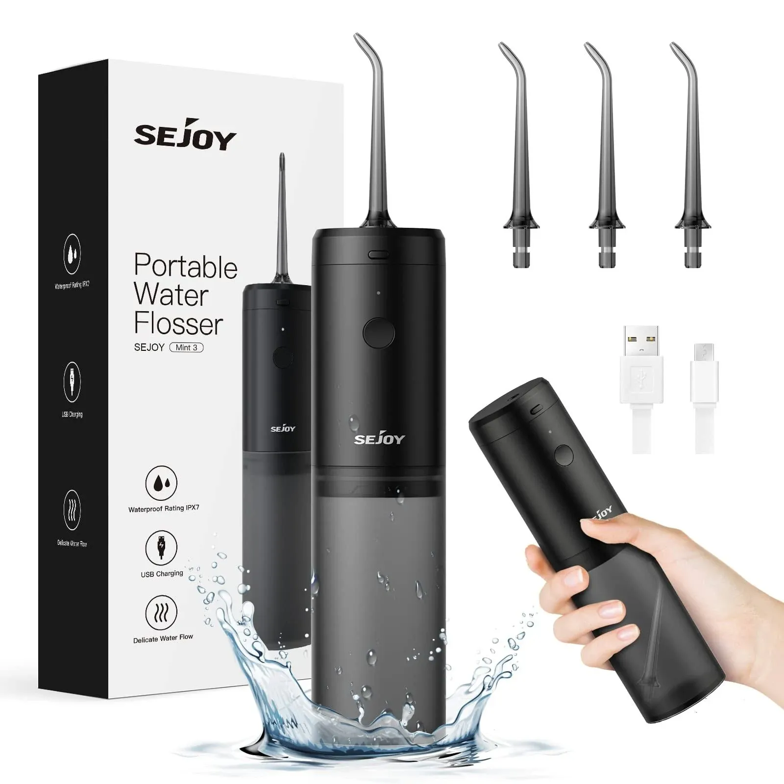 Sejoy Cordless Water Flosser, Portable Oral Irrigator Rechargeable Teeth Cleaner, Black