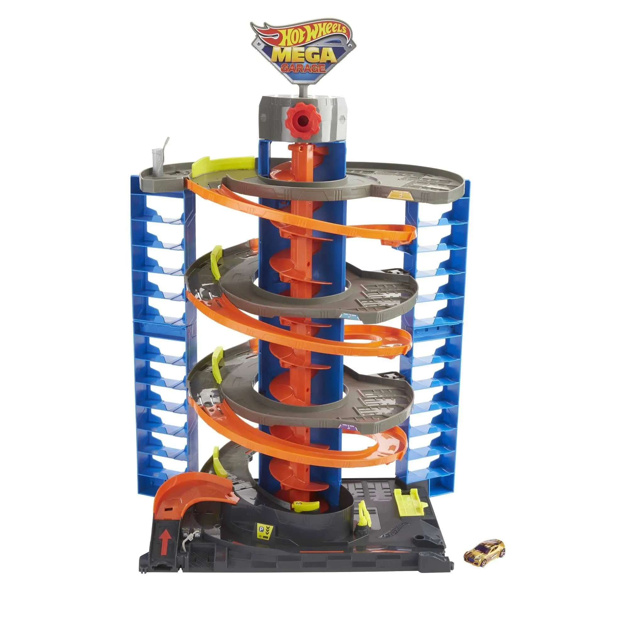 Hot Wheels City Mega Garage Playset con elevador sacacorchos y almacenamiento para más de 60 autos, incluye 1 vehículo a escala 1:64