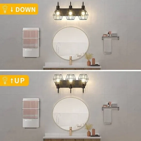 Industrial Bathroom Vanity Light Fixtures Over Mirror 3 Light Farmhouse Wall Sconce Lights with Metal Cage for Mirror Cabinet