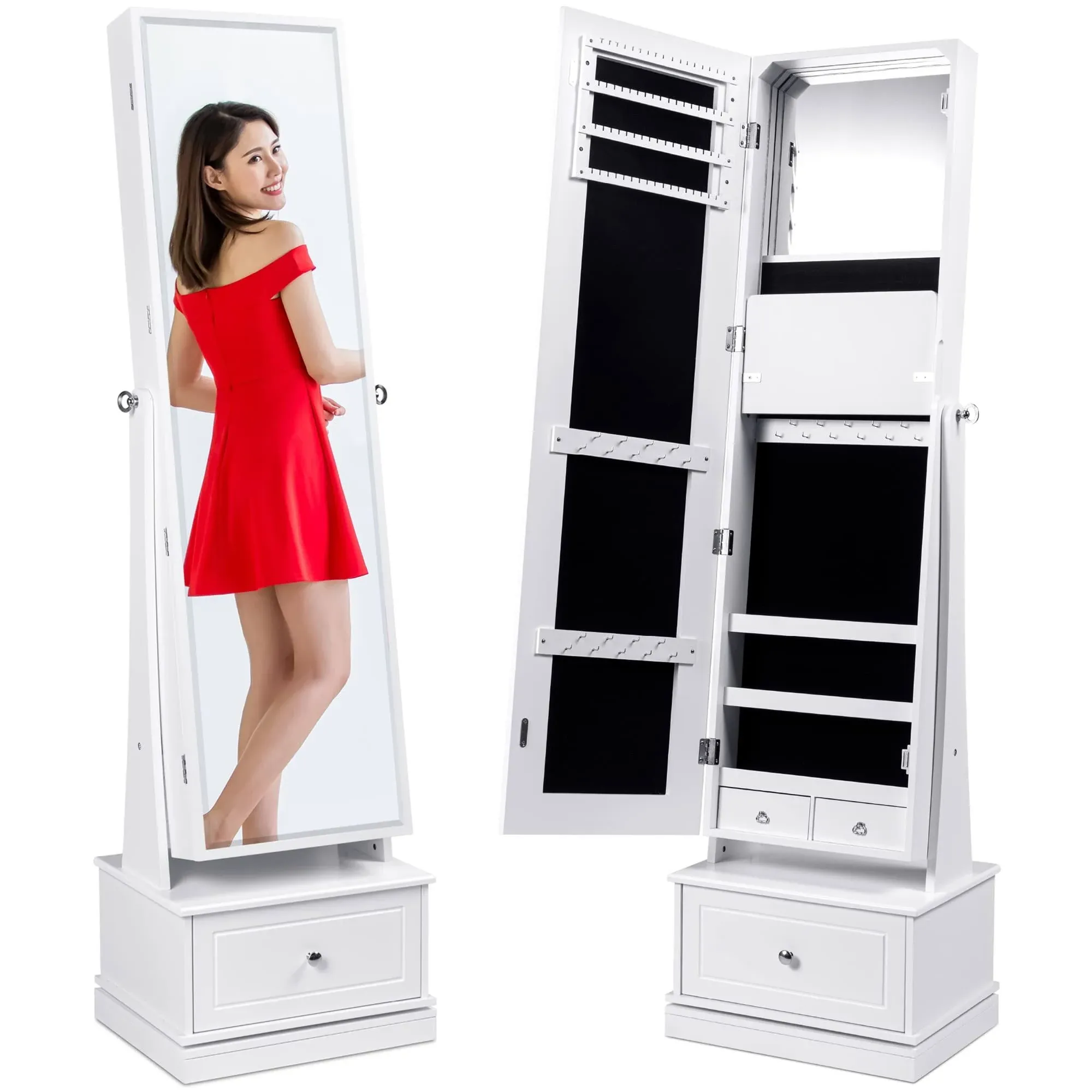 Best Choice Products 360 Swivel Standing Mirrored Jewelry Cabinet LED-Lit Makeup ...