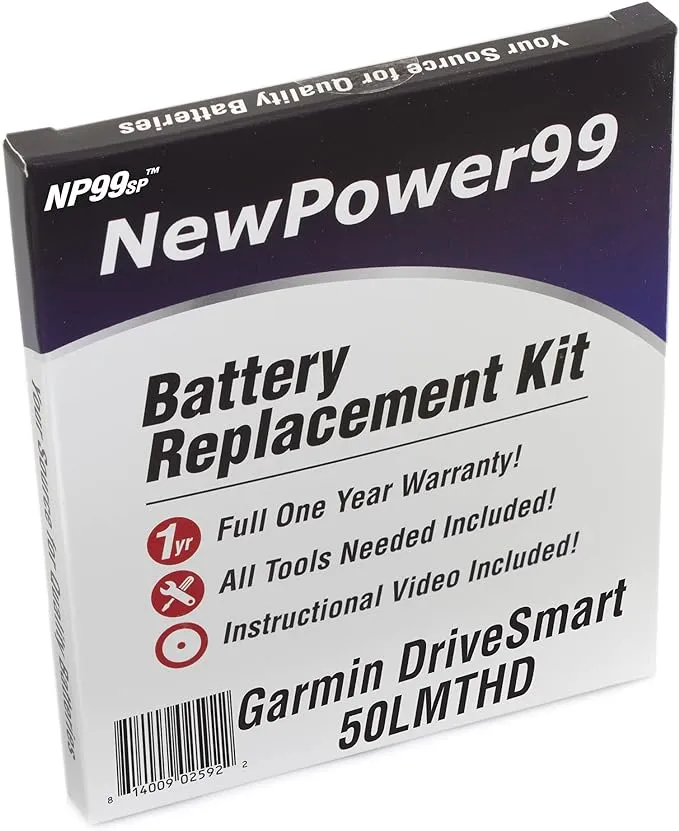 Battery Replacement Kit for Garmin DriveSmart 50LMTHD with Installation Video, Tools, and Extended Life Battery.