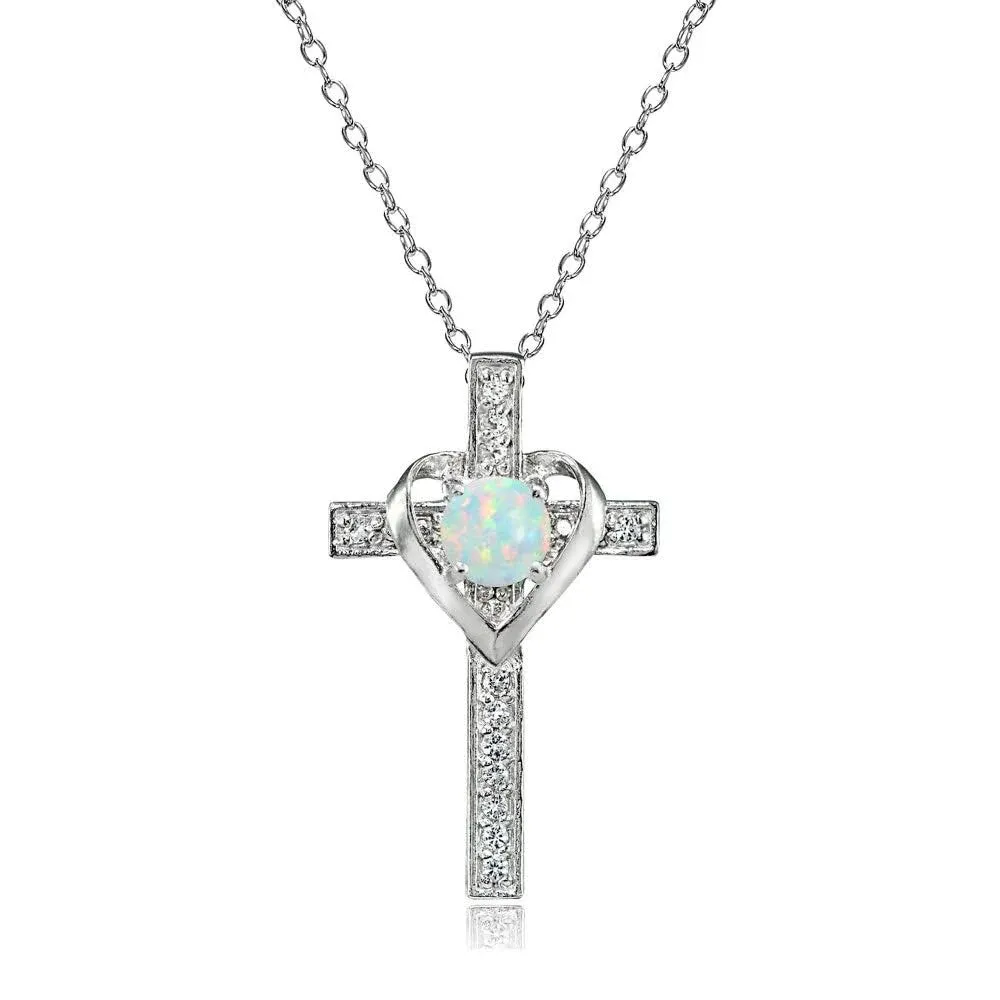 Sterling Silver Created White Opal And White Topaz Heart In Cross Necklace