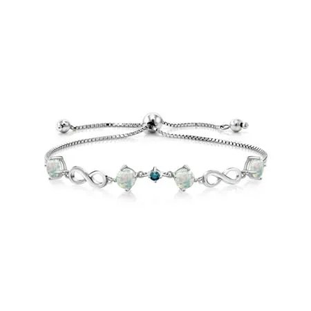 Gem Stone King 2.07 Ct Round Cabochon White Simulated Opal Blue Diamond 925 Silver Keren Hanan Women Adjustable Infinity Tennis Link Bracelet