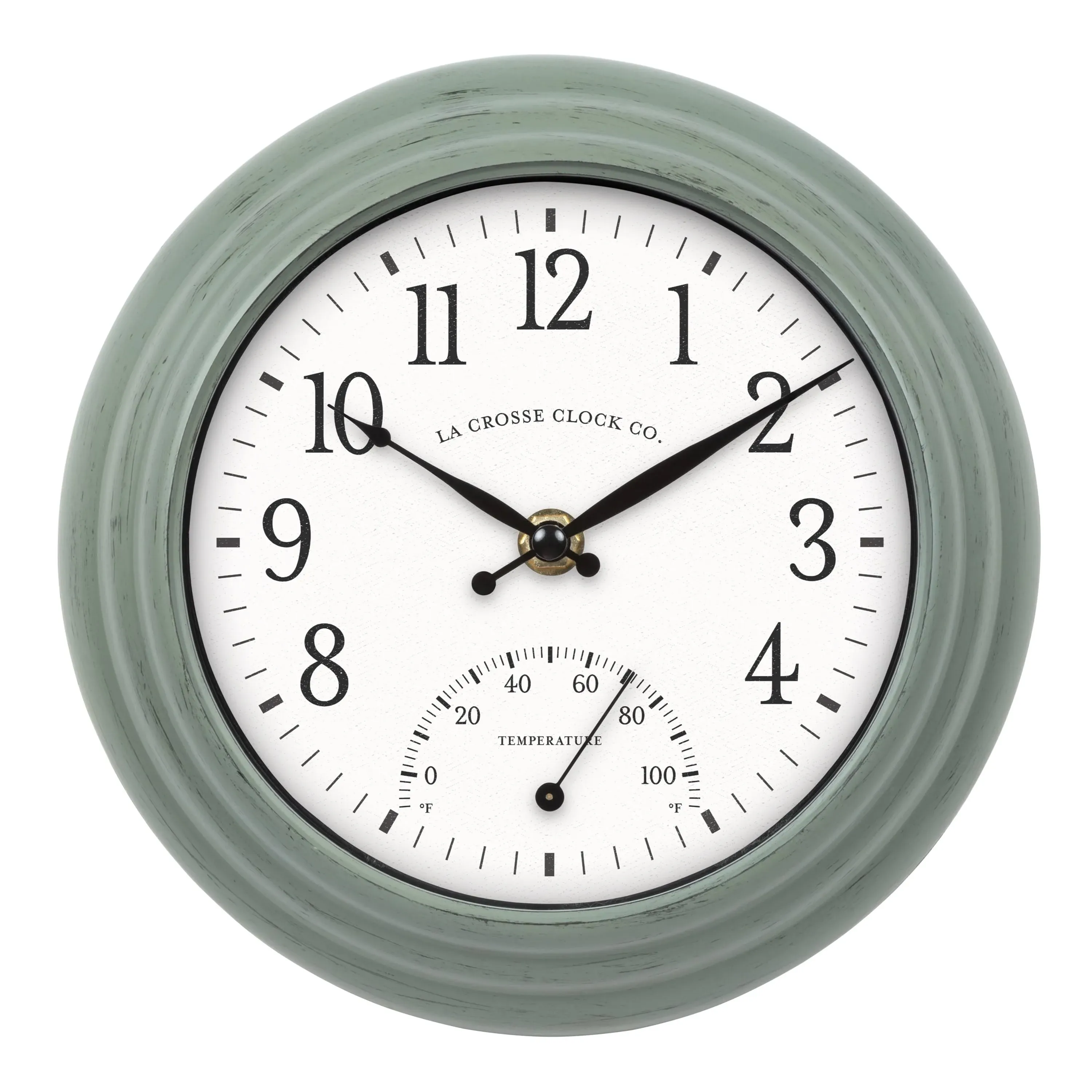 La Crosse Clock 433-3020 8-inch Indoor/Outdoor Sage Green Quartz Wall Clock with Temperature