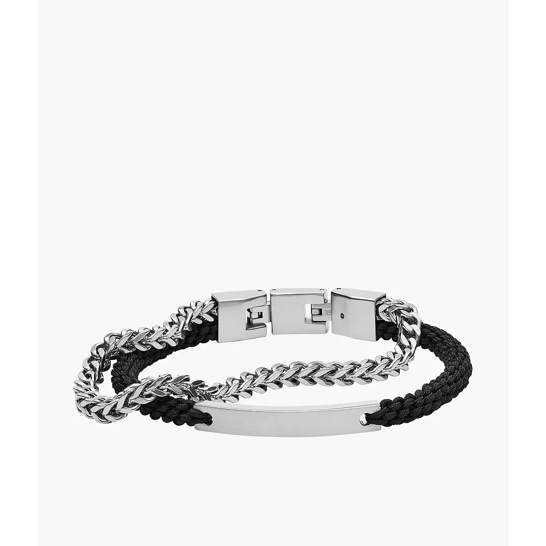 Fossil Men's Black Nylon And Stainless Steel Double-Strand Bracelet - Silver