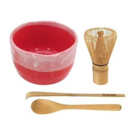 BambooMN Brand - Matcha Green Tea Whisk Set - Whisk + Scoop + Tea Spoon + Coral Bowl