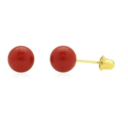 14K Yellow Gold Red Coral Ball Screw Back Stud Earrings 3mm-8mm