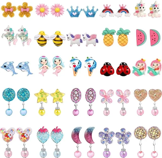 Clip On Earrings for Girls Kids Hypoallergenic Clips Earrings Sets Suitable for Ages 4-12 Little Girls, Cute Small Clips On Earrings Jewelry Gifts Set