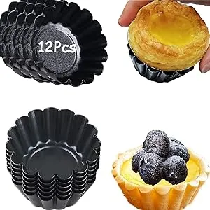 Egg Tart Molds, 12 PCS Non-Stick Very Mini Tart Pans, Mini Tart Mold 3 InchTop, 1.7 Inch Bottom, 0.9Inch High, Carbon Steel, Kitchen Reusable Baking Tools.