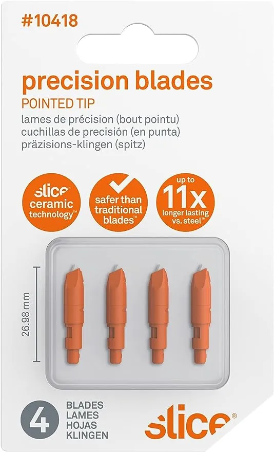 Slice 10418 Micro-Ceramic Blade for Slice Precision Cutter, 10416 Replaceable Blade, Lasts up to 11x Longer Than Metal, Blade Cartridge for Hobby Knife, Safer Cutting (4 Pack)