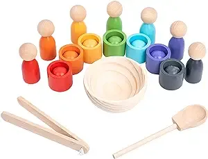 Montessori Balls in Cups Wooden Peg Dolls in Cups, Toddler Color Sorting Toys and Matching Game, Preschool Learning Activities Educational Fine Motor Skill Toy for Kids