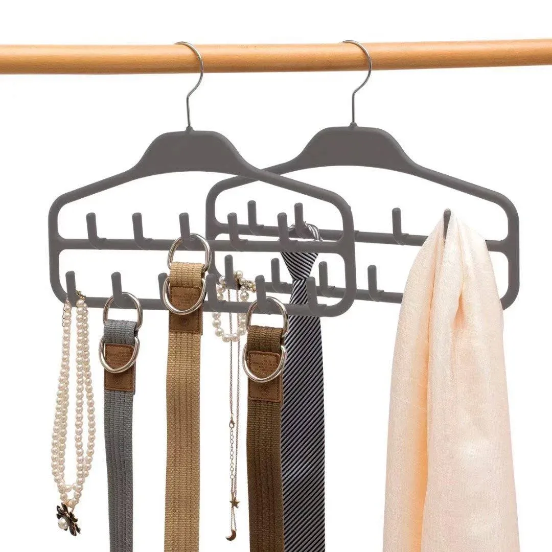 ELONG HOME Belt Hanger 2 Pack, Sturdy Belt Organizer with 360 Degree Swivel, Tie Rack with 11 Large Belt Hooks for Closet, Non Slip Rubberized Belt Rack, Gray