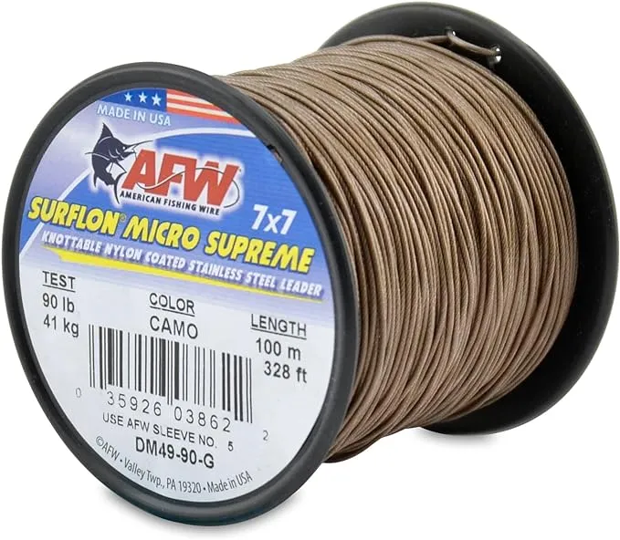 American Fishing Wire Surflon Micro Supreme Nylon Coated 7x7 Stainless Steel Leader Wire - Knottable Wire Leaders for Fishing Saltwater, Fly Fishing, 13lb Test - 90lb Test, Bright, Black & Camo Colors