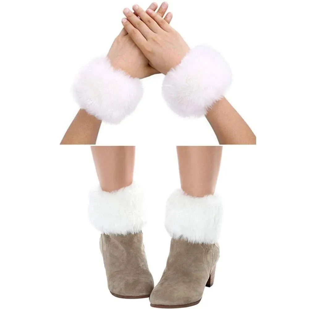 Bhwin Women Faux Fur Wrist Cuffs Warmer Cover and Winter Faux Fur Boot Cuffs Knitting Leg Warmers Set (White)