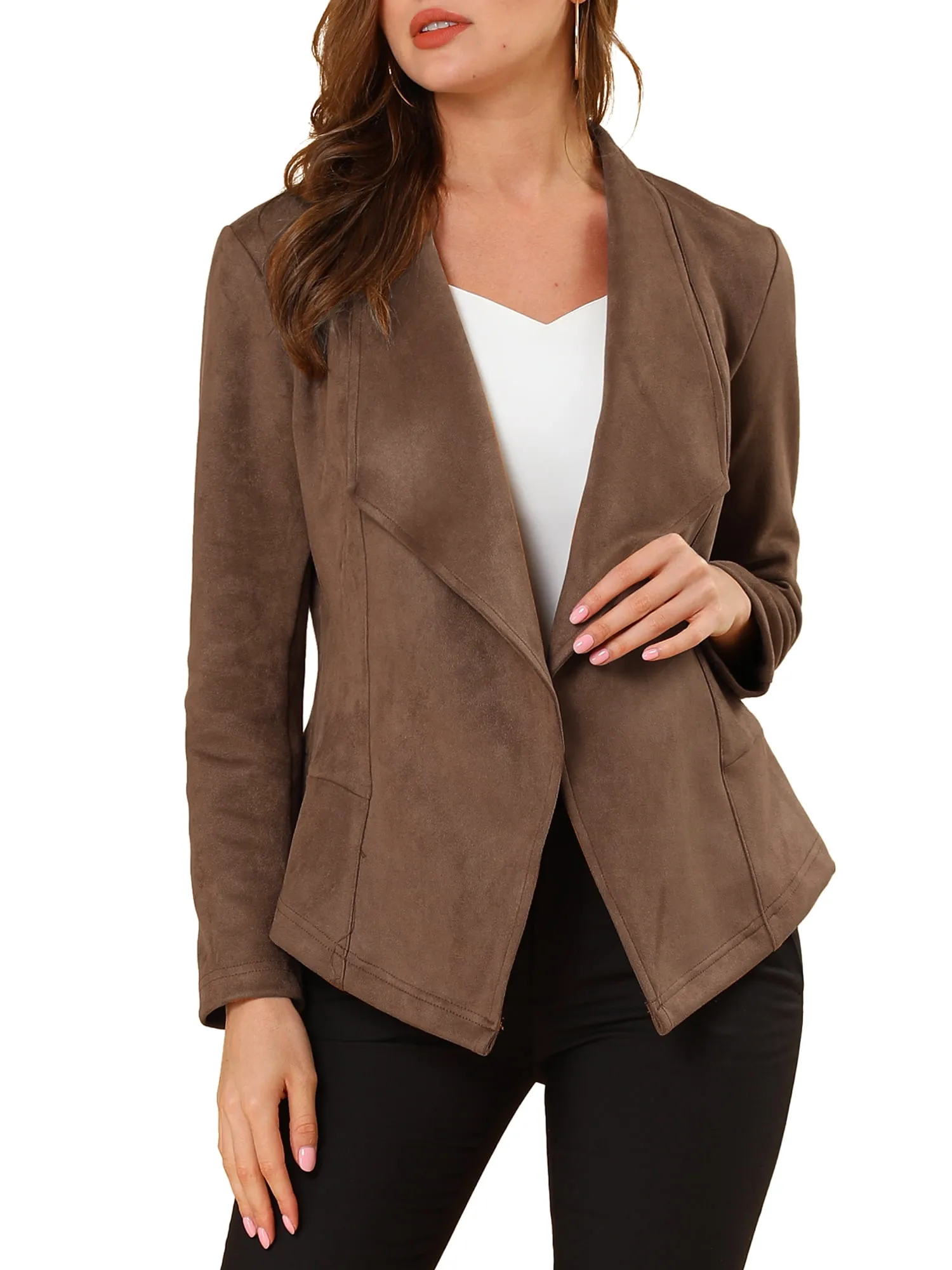 Unique Bargains Women's Faux Suede Jacket Open Front Lapel Draped Cardigan ...