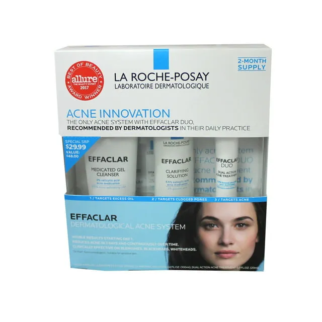 La Roche-Posay Effaclar Dermatological 3 Step Acne Treatment System, Salicylic Acid Acne Cleanser, Pore Refining Toner, and Benzoyl Peroxide Spot Treatment for Sensitive Skin, 2-Month Supply