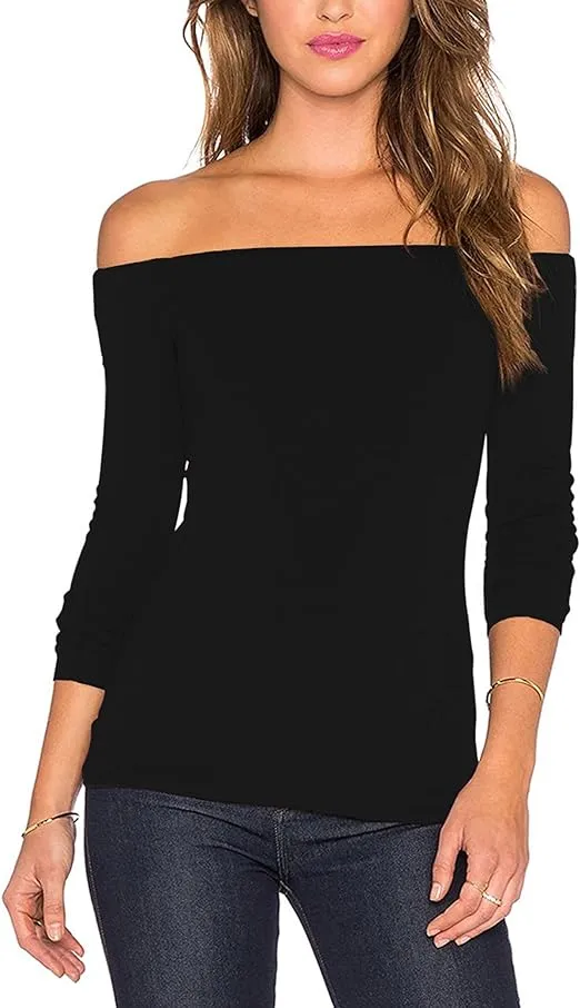 Sarin Mathews Women's Sexy Off The Shoulder Tops Long Sleeve Slim Fit Stretchy Shirts Blouses Top
