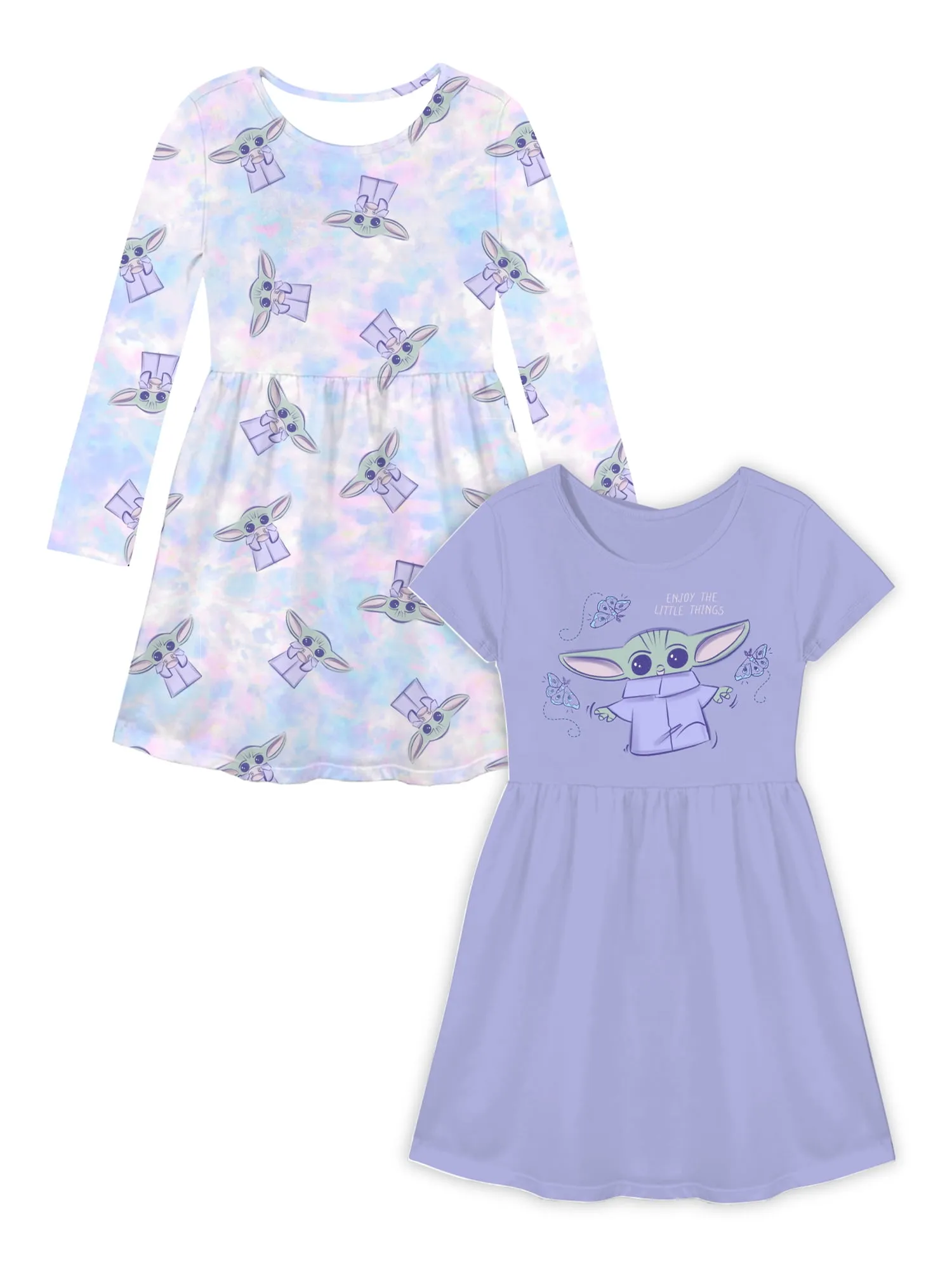 Baby Yoda Girls Long Sleeve and Short Sleeve 2-Pack Dresses, Sizes 4-16