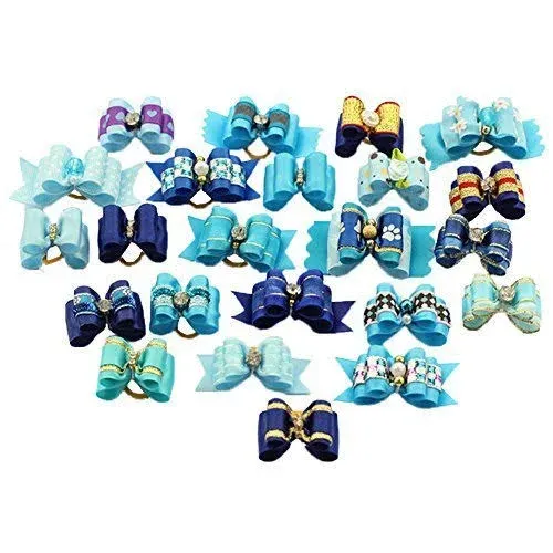 PET SHOW Pack of 20 Mixed Styles Small Dog Hair Bows with Rubber Bands Pet Cat Puppy Topknot Grooming Accessories Blue