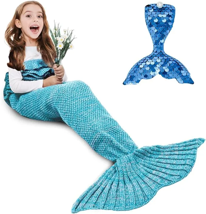 AmyHomie Mermaid Tail Blanket, Kids Mermaid Blanket Crochet Mermaid Sleeping Bag Mermaid Gift for Girls(Light Blue, Kids)