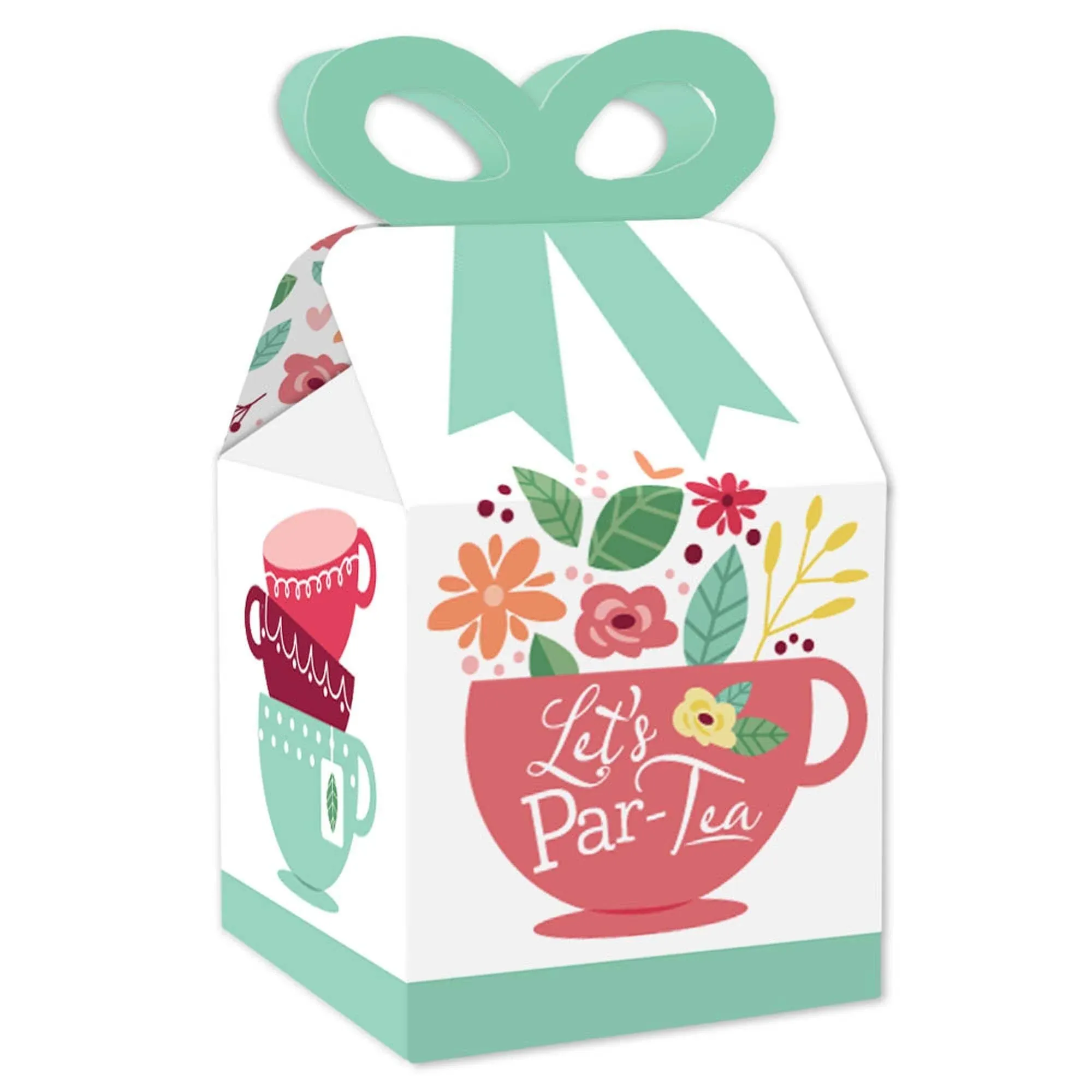 Floral Let’s Par-Tea - Square Favor Gift Boxes - Garden Tea Party Bow Boxes - Set of 12