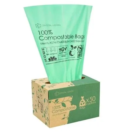 C Crystal Lemon 50 Counts Compostable Trash Bags, 6 Gallon Heavy Duty Trash Bags ...