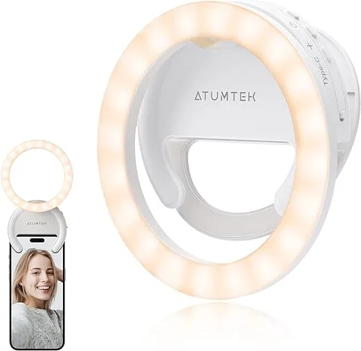 ATUMTEK 4" Rotatable Selfie Ring Light for Phone, Rechargeable Clip-on Ring Light for Photo and Video, 3 Color Temperatures for Streaming, TikTok, Instagram, Zoom Meeting and Video Conference, White