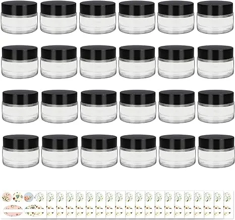 24 Pack 1Oz Clear Glass Cosmetic Jars W/ Black Lids &amp; Labels