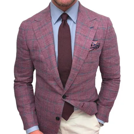 Mens Blazer Plaid Wool Suit Coats Lapel Long Sleeve Button Suit Business Casual and Formal Suit Jacket