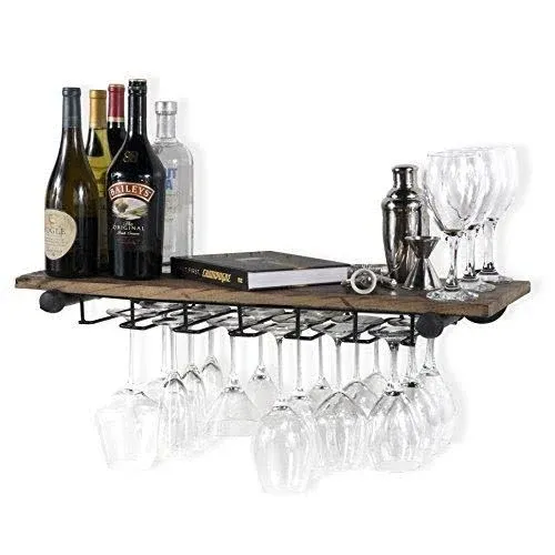 Rustic State Wall Mounted Reclaimed Wood Floating Shelf Wine Rack with Stemware ...