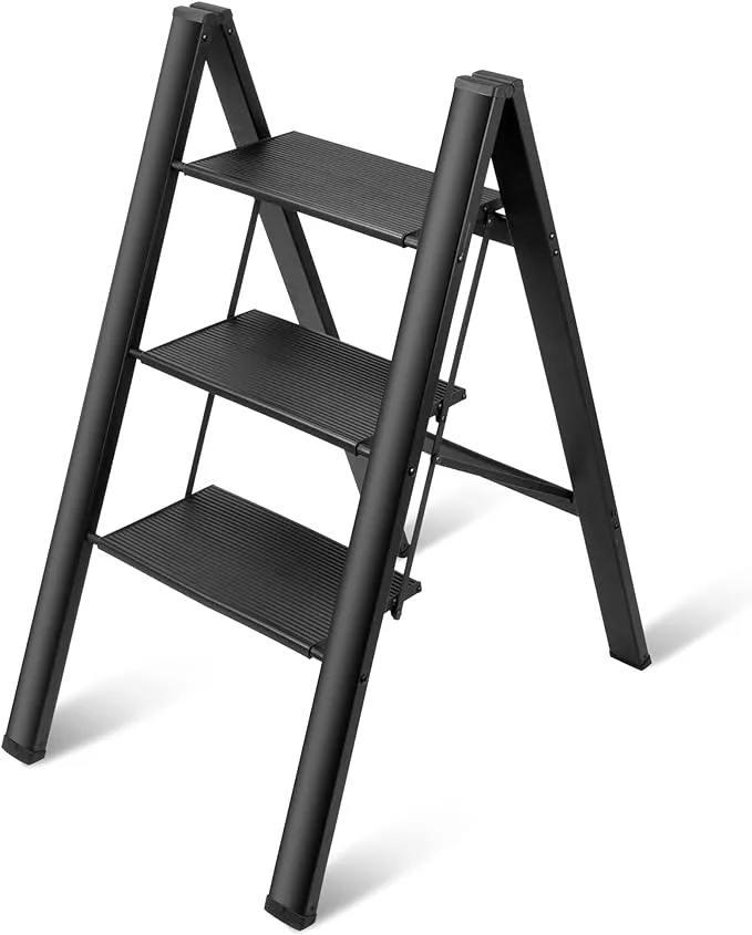 3 Step Ladder Aluminum Lightweight Folding Stool with Wide Black 