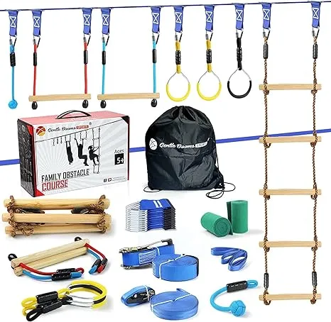 2×56ft Ninja Warrior Obstacle Course for Kids - 600 lbs Weight Capacity, Slackline Obstacle Course with 8 Ninja Accessories - Monkey Bar, Rope Ladder, Gymnastic Ring, Arm Trainer and Monkey Fist