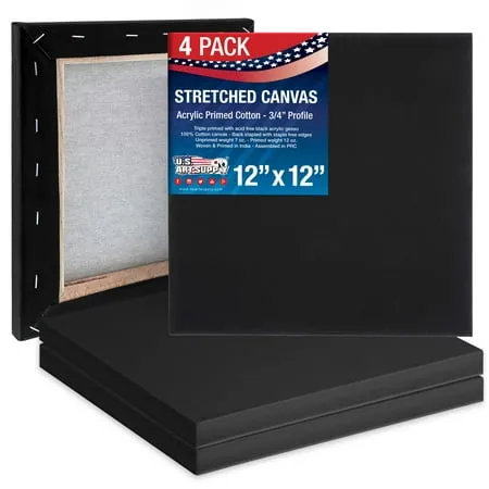 U.S. Art Supply 12 x 12 inch Black Stretched Canvas 12-Ounce Primed, 4-Pack - Professional Artist Quality 3/4&quot; Profile, 100% Cotton, Heavy-Weight,