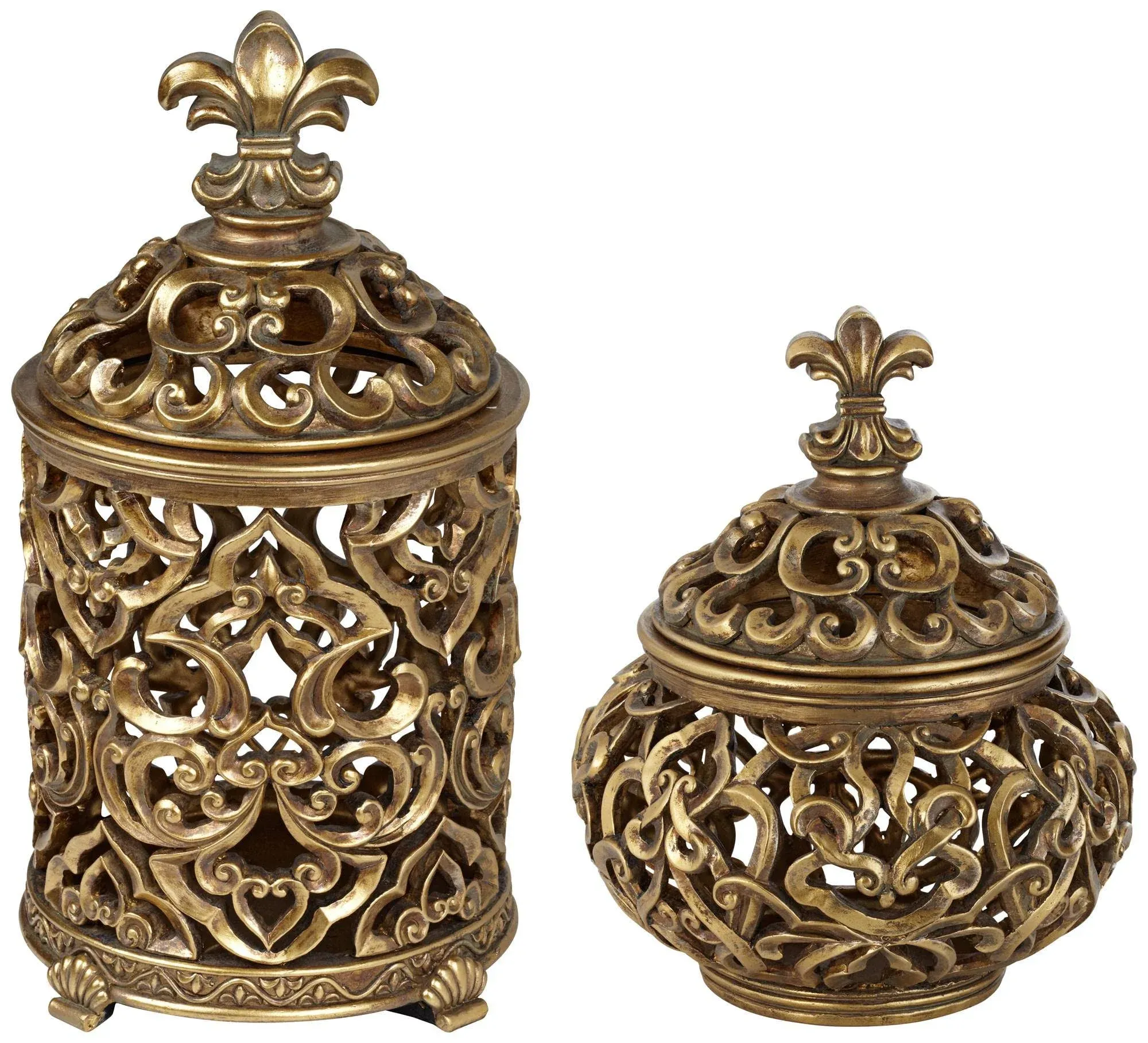 Kensington Hill Sherise Antique Gold Fleur-de-lis Jars with Lid Set of 2