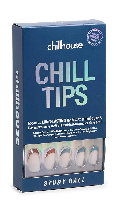 Chillhouse Chill Tips Signatures Press On Nails Kit, Study Hall - 24 Nail Shapes & Sizes, Dual-Sided Buffer & File, Cuticle Stick & Glue - Long-Lasting Nail Art Manicures