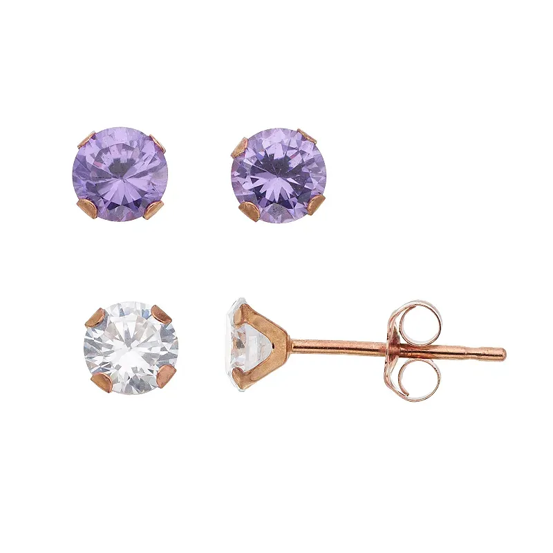 Taylor Grace 2-Pair 10k Rose Gold Cubic Zirconia Stud Earring Set