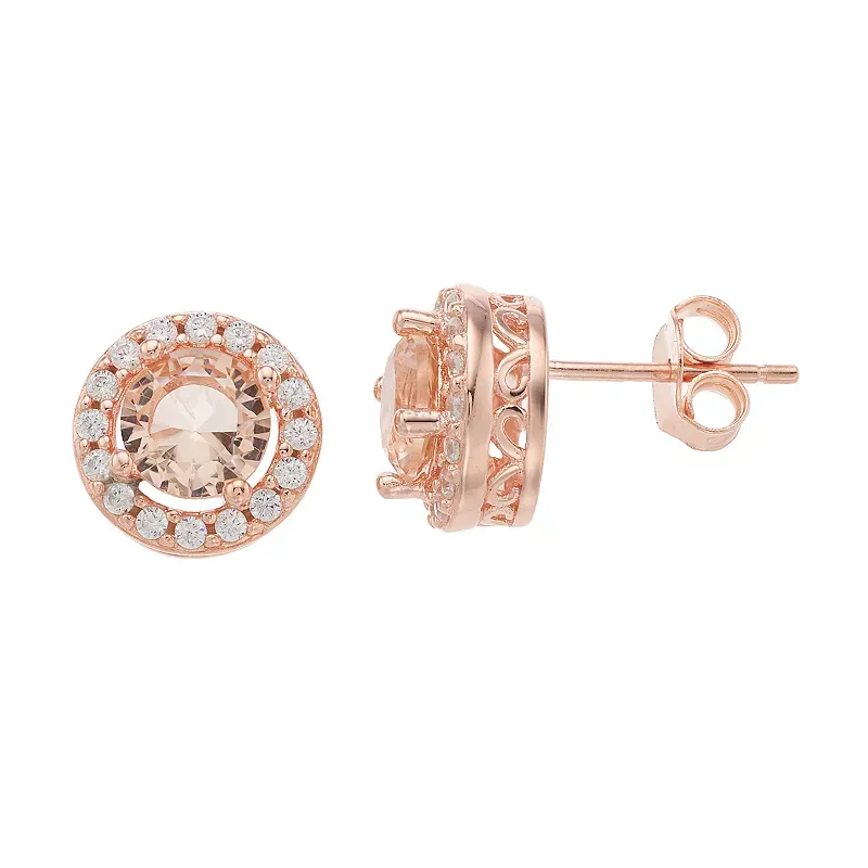 14k Rose Gold Over Silver Pink & White Cubic Zirconia Halo Stud Earrings