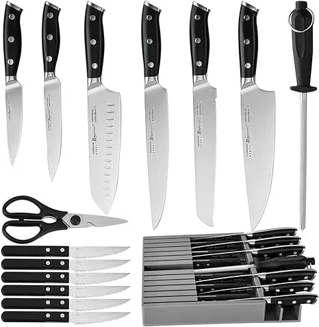 ROMANTICIST Knife Set 16-Piece Kitchen Knife Set,German Stainless Steel Sturdy Durable Kitchen Knives, Razor Sharp,Knife Set with Block,Cutting Board and Knife Sharpner Black Knife Set