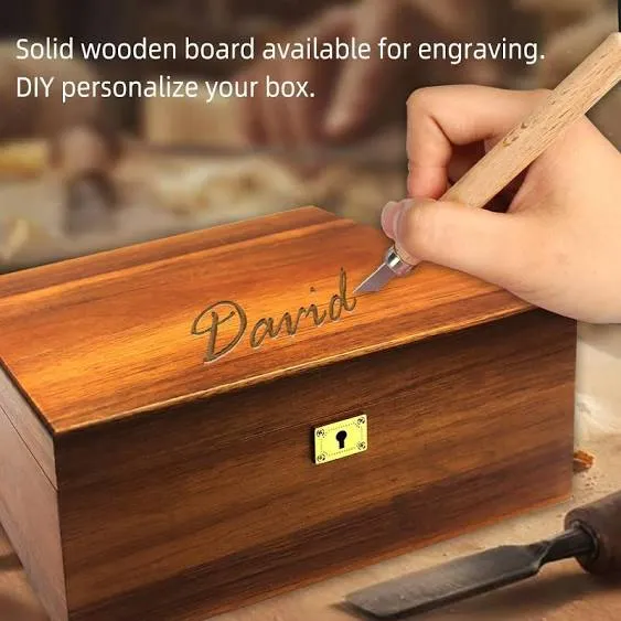 Wooden Storage Box with Hinged Lid and Locking Key Large Premium Solid Acacia...