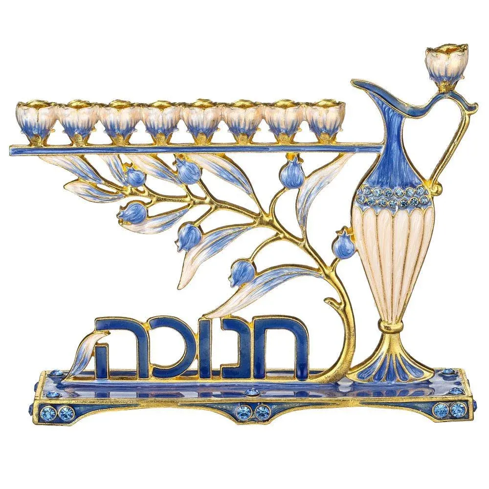 Matashi Hand Painted Blue Enamel Menorah Candelabra with Hebrew Hanukkah Design