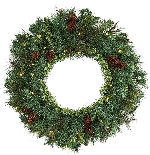 Nearly Natural 20in. Mixed Pine and Pinecone Artificial Christmas Wreath with 35 Clear LED Lights