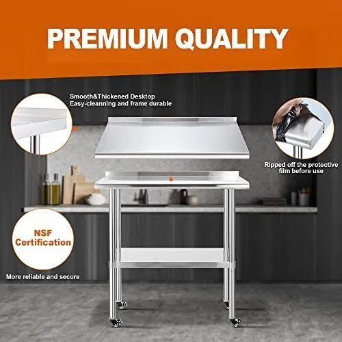 36&#034;—24&#034; Stainless Steel Worktables With Wheels Nsf Commercial Heavy Duty Tables 