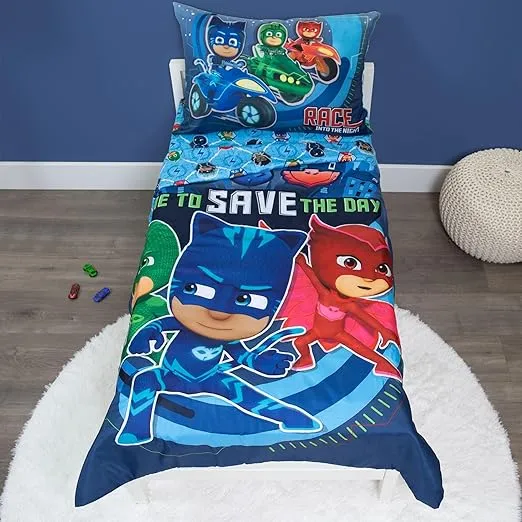 PJ Masks Time to Save The Day 4 Piece Toddler Bedding Set – Includes Comforter, Sheet Set – Fitted and Top + Reversible Pillow for Boys Bed, Blue