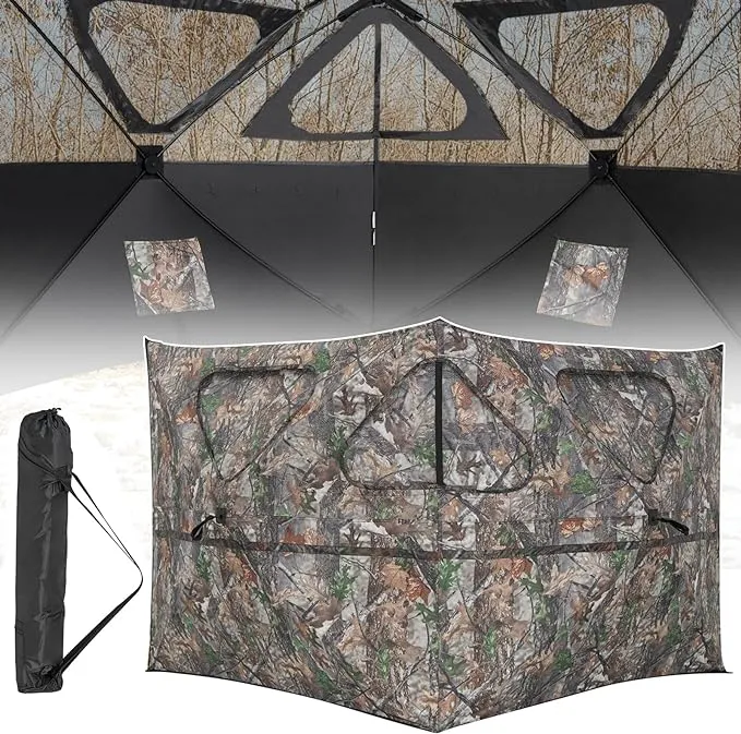 GYMAX Hunting Blind, 2-Panel See Through Pop Up 2-3 Persons Camouflage Deer Blind with Windows & Carrying Bag, Portable Folding Outdoor Ground Blind for Deer Turkey Hunting Gear Accessories