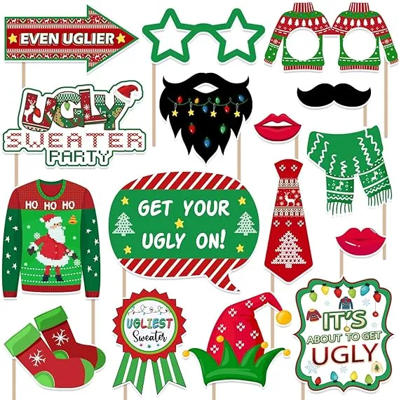 16 Pcs Ugly Sweater Photo Booth Props, Holiday and Christmas Party Photo Booth Props Kit, Christmas Ugly Sweater Themed Party Decorations, Christmas Party Decorations