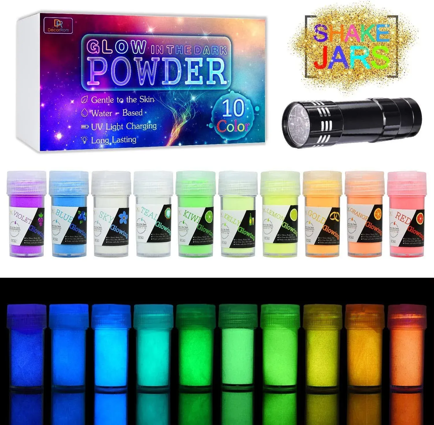 10 Color Glow in the Dark Pigment Powder with UV Lamp - Epoxy Resin Luminous Pow