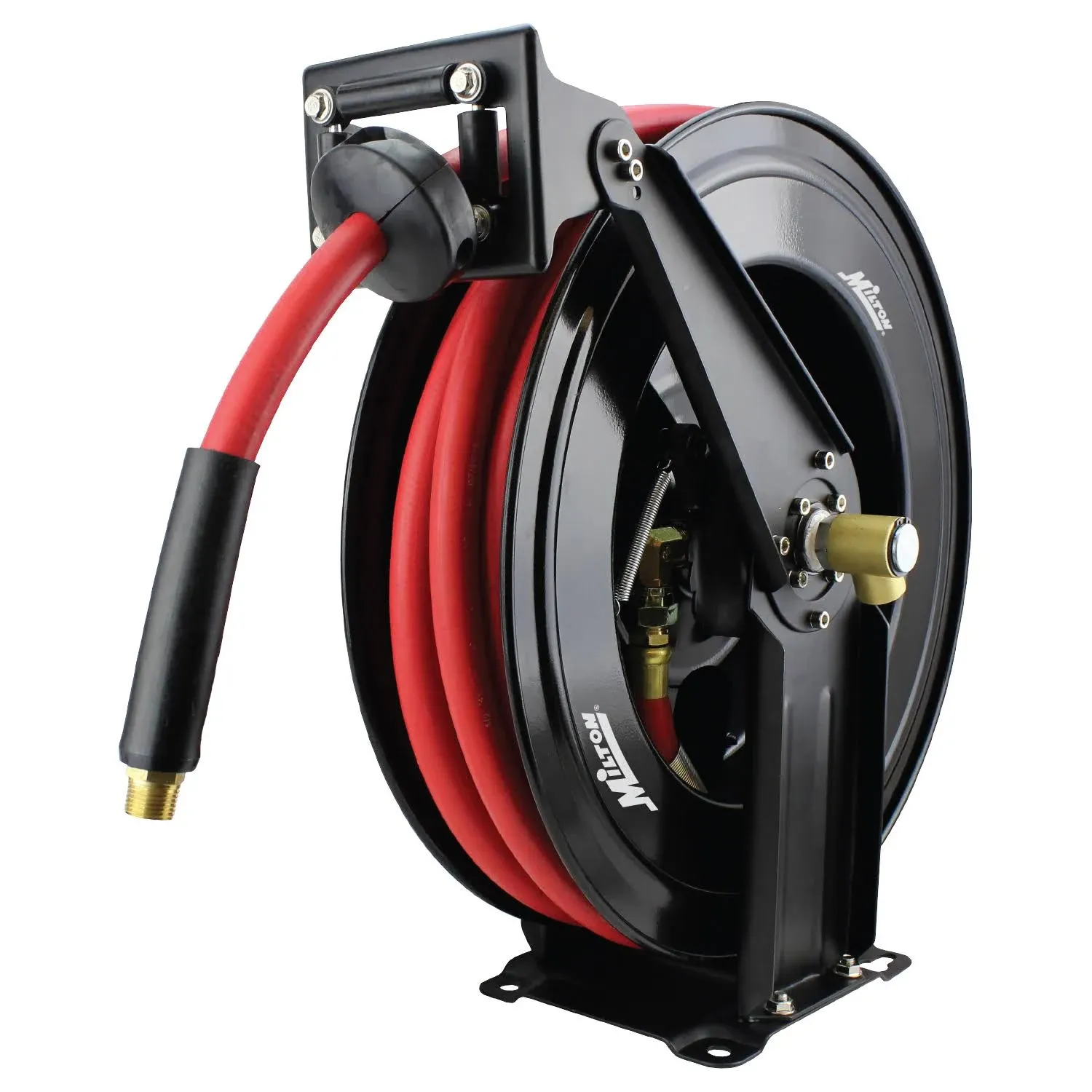 Milton 2760-50D - Steel Dual Arm Auto-Retractable Air Hose Reel, 3/8" x 50 ft. Rubber Hose - 300 Max PSI , Black