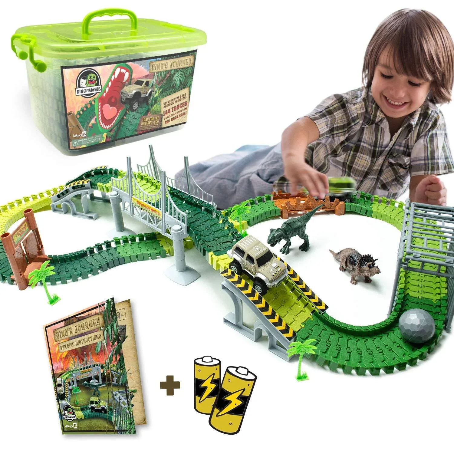 Dinosaur Glow in the Dark Race Train Track Toy for Boys & Girls Ages 3, 4, 5, 6, and 7, Let Your Kids' Imagination Bring Dino's Journey Adventure to Life (159 Pcs) DinoManiacs by JitteryGit