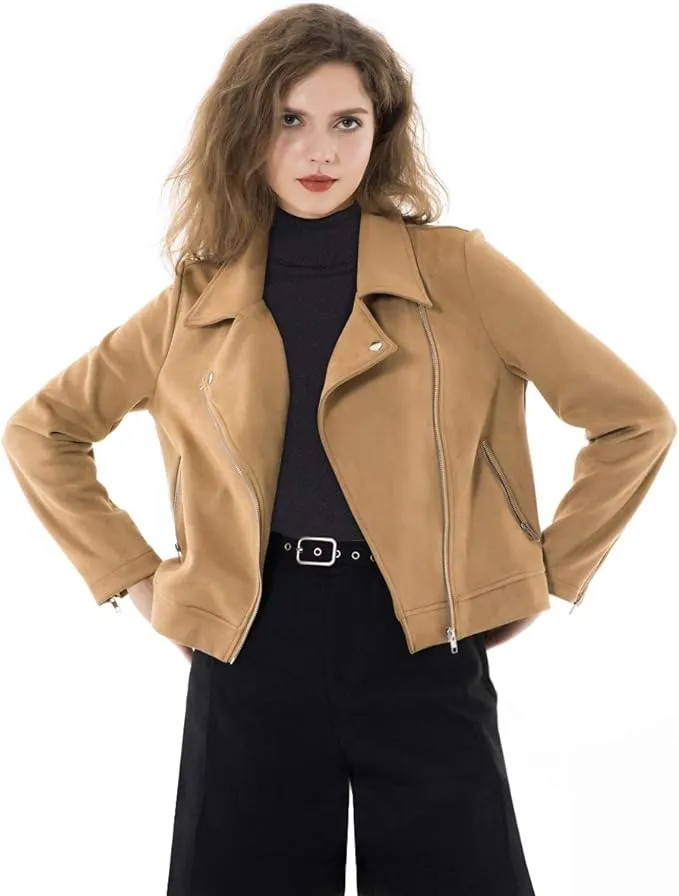 Women’s Solid Long Sleeve Faux Suede Motorcycle Jackets Zipper Short Coats