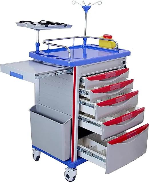 Medical Crash Cart with Emergency Accessory - Cardiac Board, IV Pole, O2 Holder, Power Strip, Trash Bin, Drawers with Dividers - Mobile Emergency Cart for Hospitals and Clinics (ET-01)